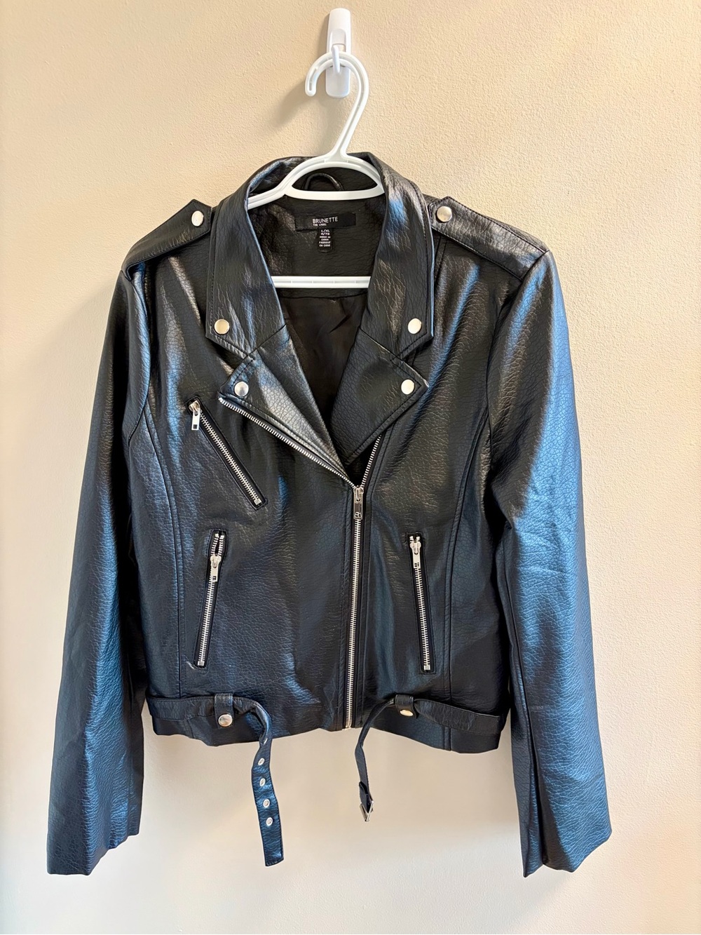 Brunette The Label “BLONDE” Vegan Leather Moto Jacket with Silver Hardware